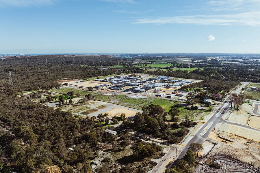 Aerial view of land development in Anketell, showcasing residential construction progress and natural surroundings—Catena Estate shaping Perth’s future living